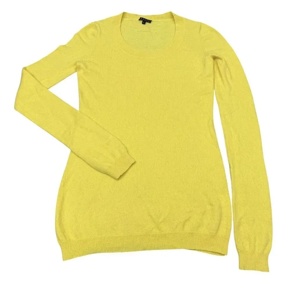 Theory 100% Cashmere Sweater Women’s L Yellow Crew Neck Knit Pullover